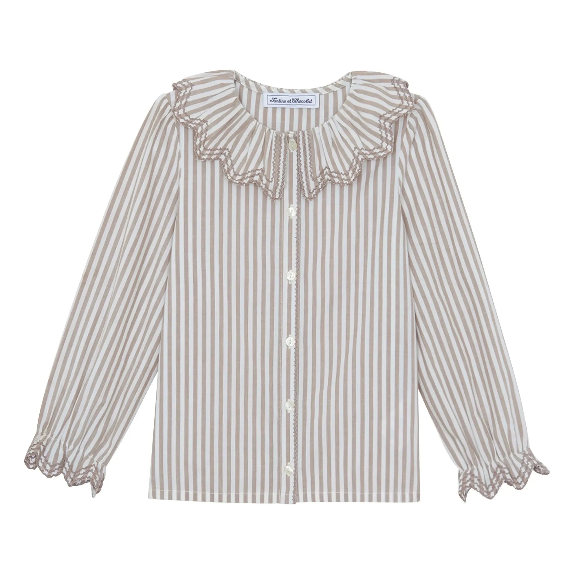 Tartine et Chocolat - Striped Ruffle Collar Blouse | White
