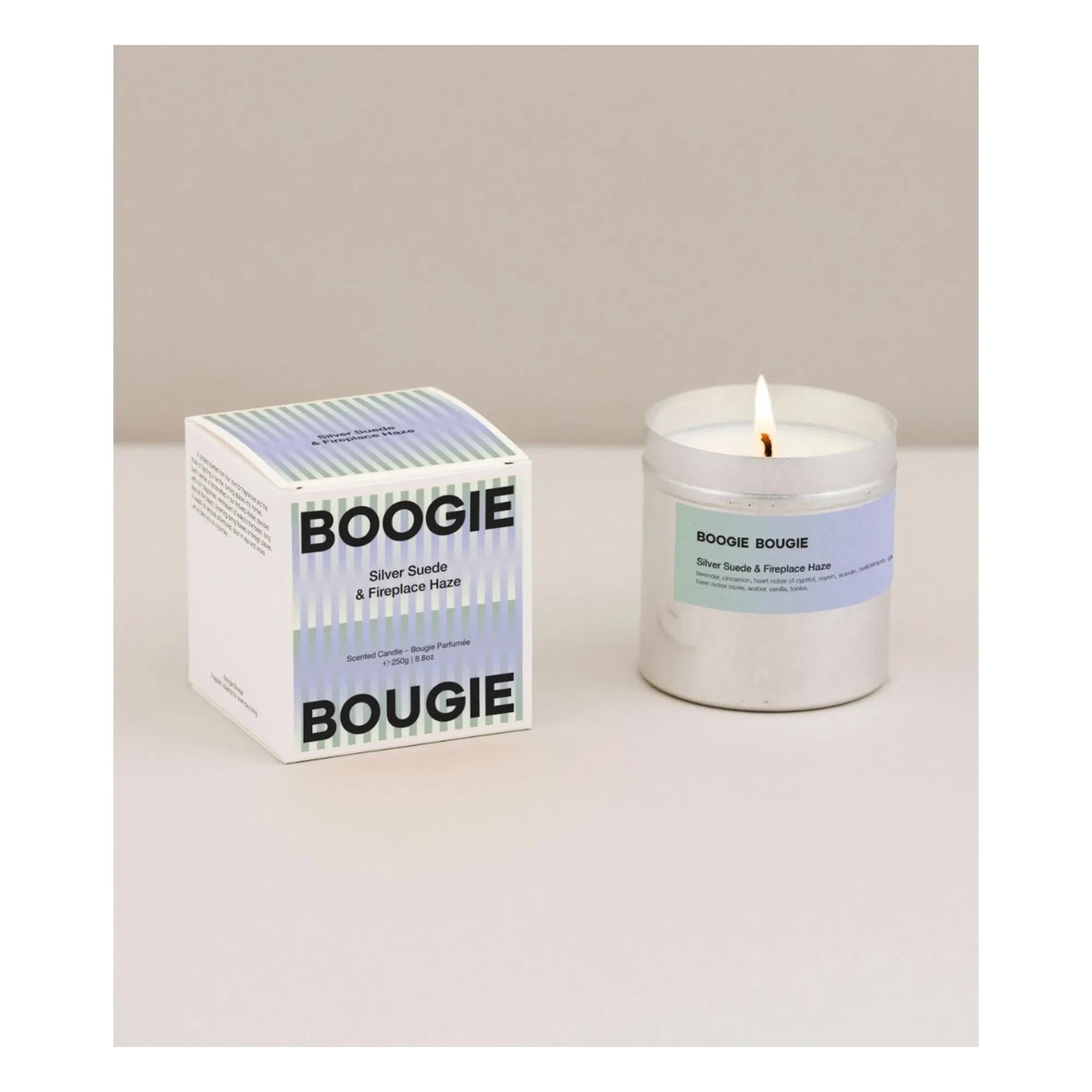 Boogie Bougie - Silver Suede & Fireplace Haze candle