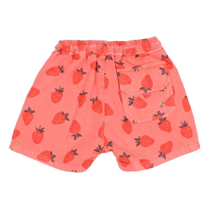 Búho - Strawberry Patterned Poplin Organic Cotton Swimsuit Shorts | Pale Red