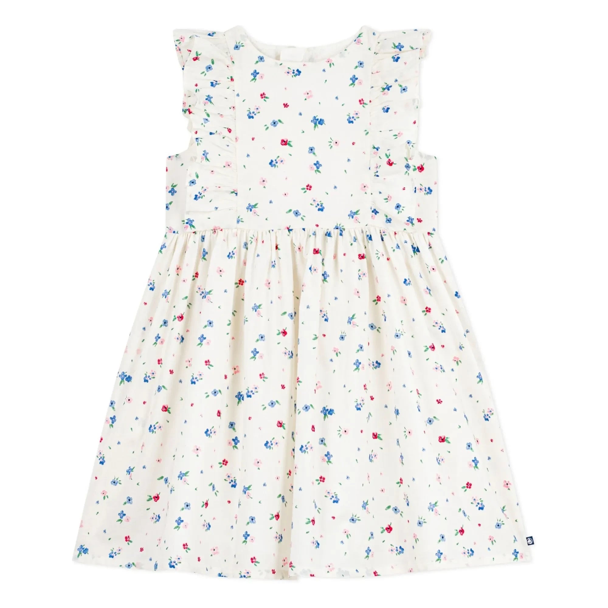 Petit Bateau - Floral Patterned Ruffled Dress Organic Cotton Poplin | White