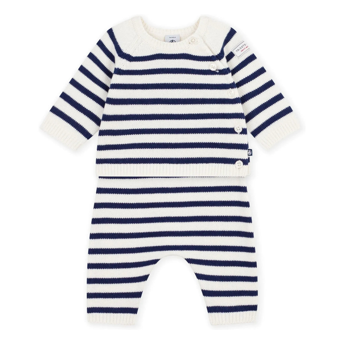 Petit Bateau - Yün Çizgili Hırka ve Pantolon Takımı | Beyaz