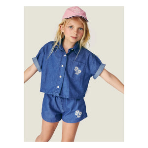 Mipounet - Denim Shirt Amélie Fleurs Coton BCI | Blue