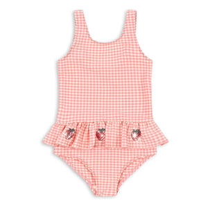 Konges Sløjd - Etta Square Patterned Strawberry Ruffled Swimsuit | Pink