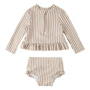 Petit Lem - Striped Seersucker UV Protection T-Shirt & Panties Set Recycled Fibers | Beige