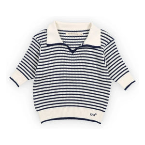 the new society - Striped Knit Polo T-Shirt | Navy Blue