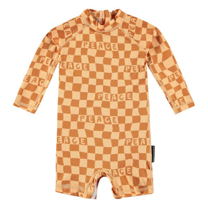 Beach & Bandits - Anti-UV Checkered Peace Pattern Recycled Fiber Jumpsuit Shorts | Yellow