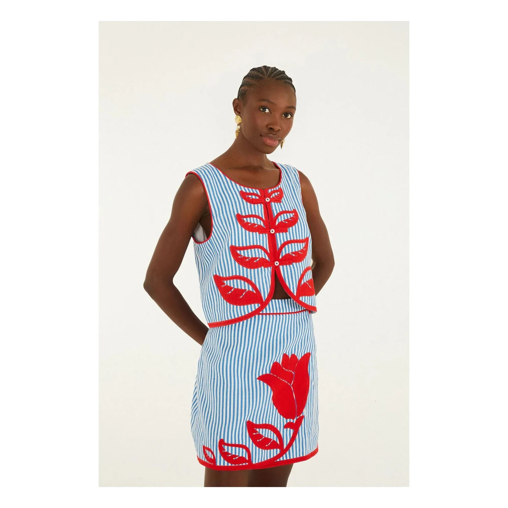 Farm Rio - Sky Linen Striped Skirt | Navy Blue