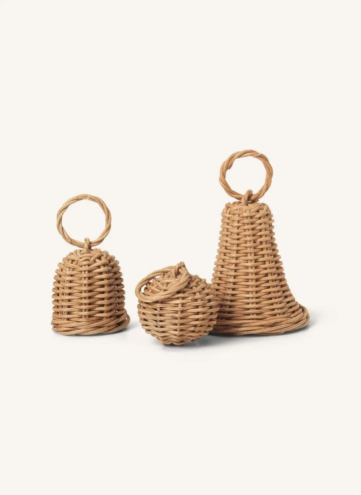 Ferm Living - Woven rattan Christmas ornaments Bells - Set of 3
