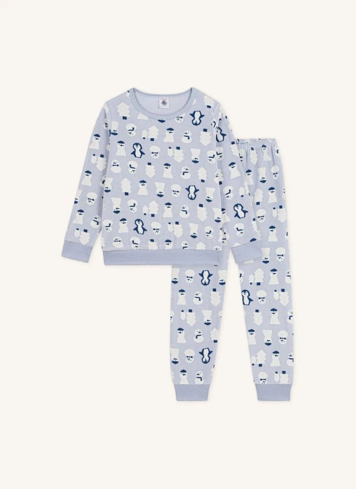 Petit Bateau - Velvet Organic Cotton Snowman Pajamas | Gray blue