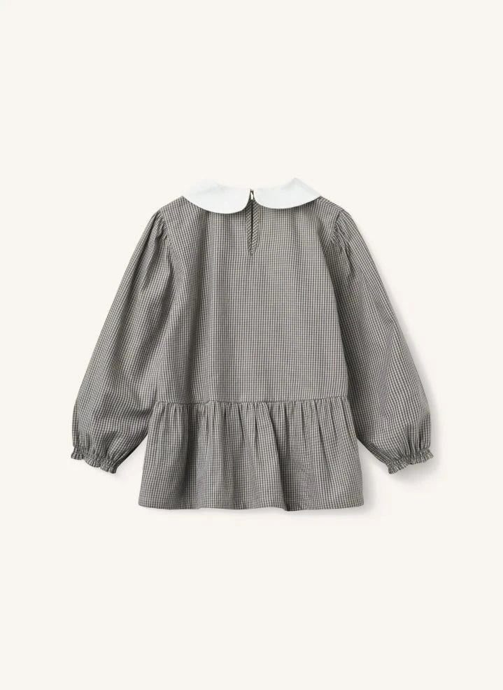 Copenhagen Colors - Embroidered Peter Pan Collar, Organic Cotton Checked Blouse | Grey