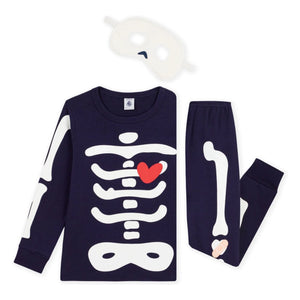 Petit Bateau - Organik Pamuk İskelet Pijama ve Maske Seti | Gece mavisi