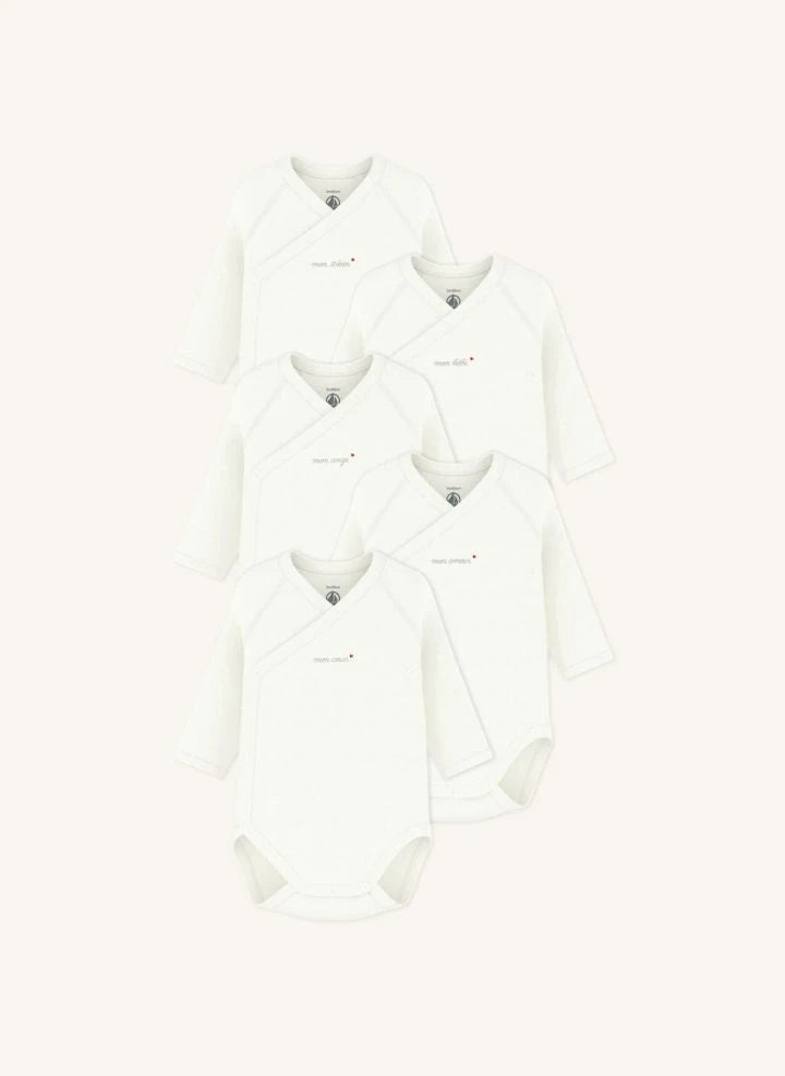 Petit Bateau - 5-Pack Mon Coeur Organic Cotton Wrap Bodysuit Set | White