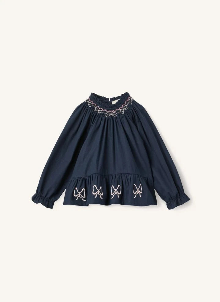 Copenhagen Colors - Organic Cotton Gathered and Embroidered Blouse | Navy