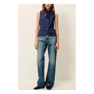 Sessùn - Fernando Linen Striped Sleeveless Blouse | Navy Blue