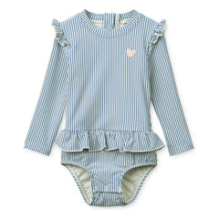 Liewood - Long Sleeve Swimsuit with Stripes and Wrinkled Texture Made from Recycled Fibers | Blue