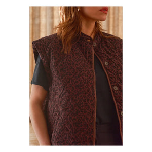 Marlot Paris - Charlie Leopard Çift Kat Gazlı Pamuk Kolsuz Ceket - Kadın Koleksiyonu | Çikolata