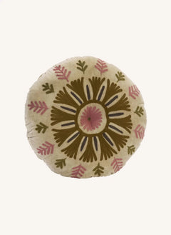 Madam Stoltz - Suzani embroidered round velvet pillow | Beige