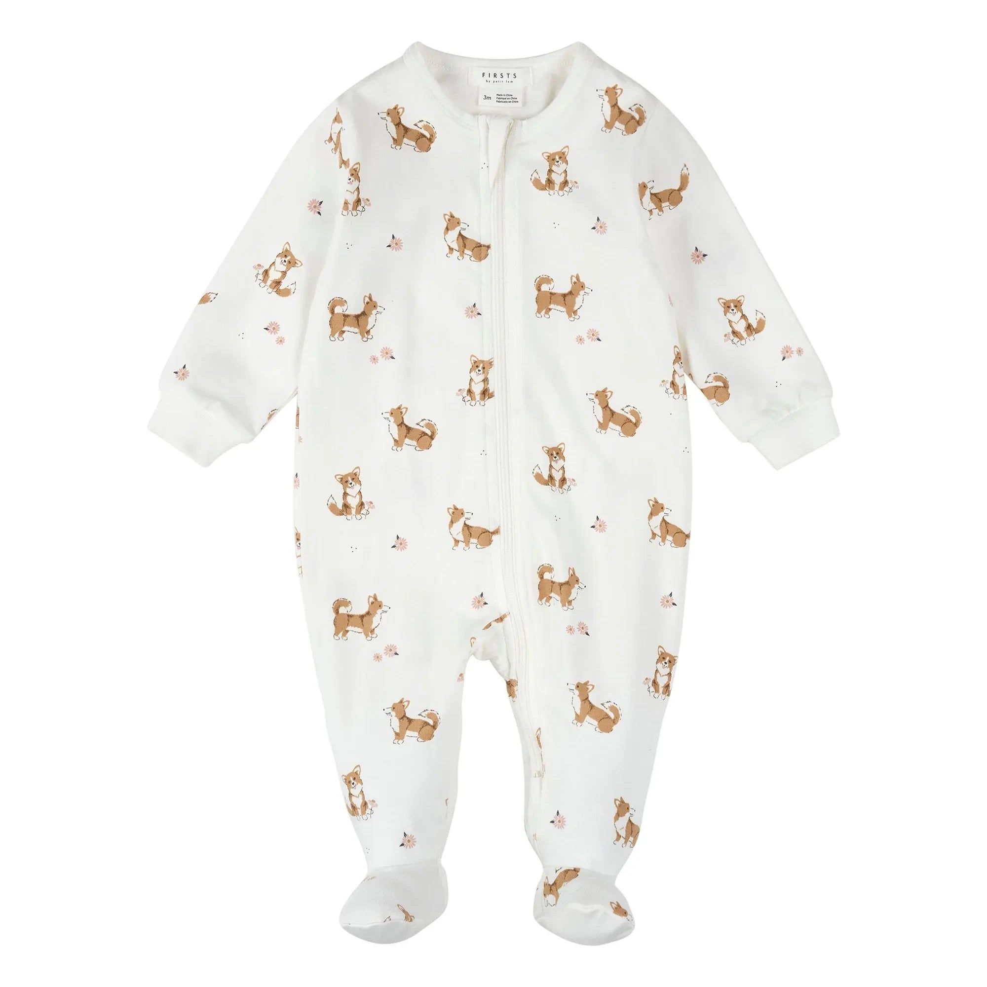 Petit Lem - Corgis Organic Cotton Ribbed Pajamas | Ecru