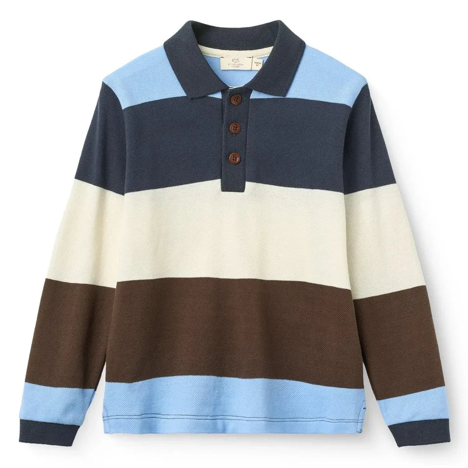 Copenhagen Colors - Organik Pamuklu Çizgili Uzun Kollu Polo Tişört | Kahverengi