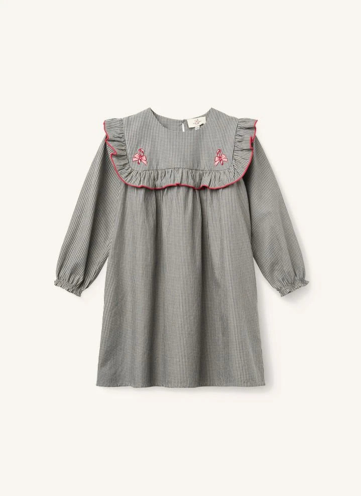 Copenhagen Colors - Organic Cotton Checked Ruffled Embroidered Dress | Grey