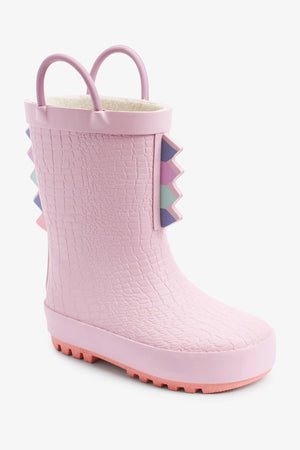 Dinossi - Pink Dinosaur Soft Sole Girl Polar Fleece Rain and Winter Boots with Handles - 28