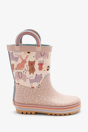 Dinossi - Soft Pink Cute Animals Girls Rain Boots with Handles - 26.5