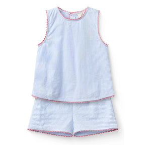 Copenhagen Colors - Striped Seersucker Organic Cotton Wavy Edge Top and Shorts Set | Light blue