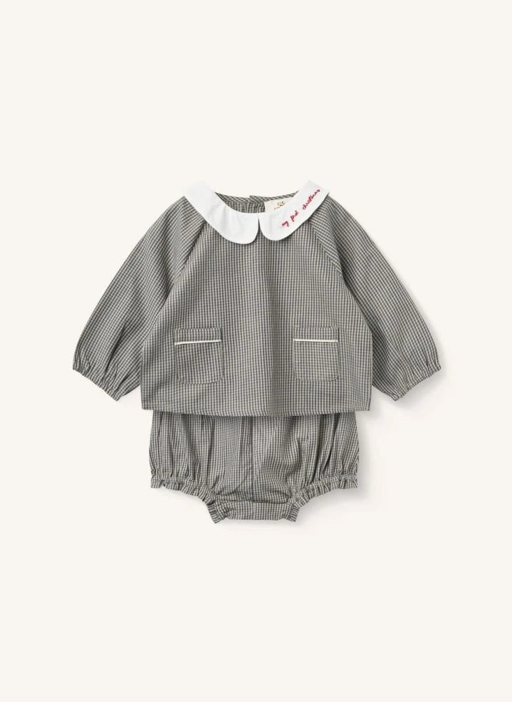 Copenhagen Colors - Organic Cotton Embroidered Blouse and Checked Shorts Set | Grey