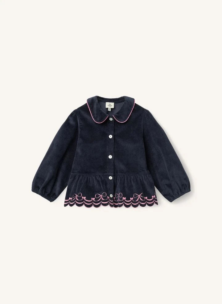 Copenhagen Colors - Organic Cotton Ribbed Velvet Blouse, Embroidered Bow Detail | Navy