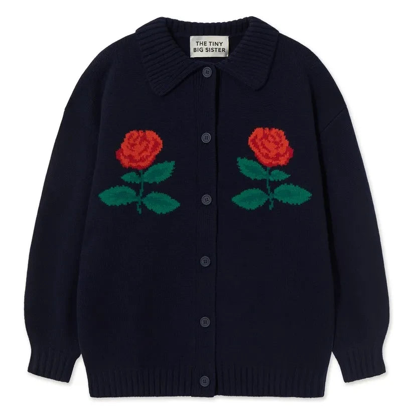 The Tiny Big Sister - Oversize Wool Rose-Patterned Cardigan | Navy