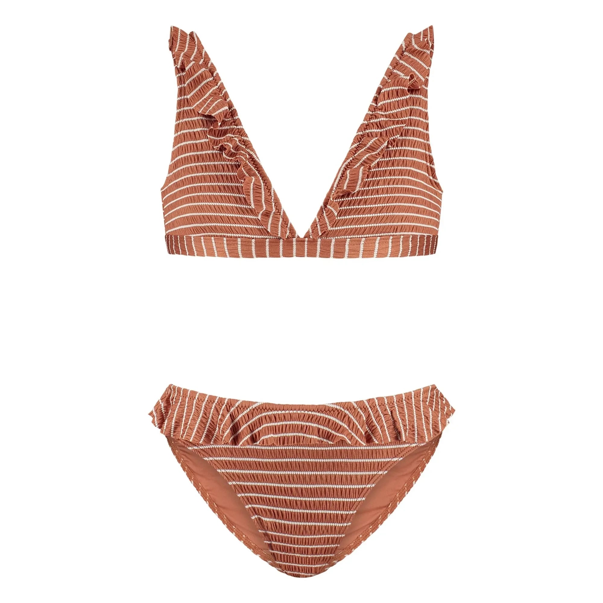 Beachlife - 2-Piece Striped Ruffled Recycled Fabric Swimsuit | Caramel