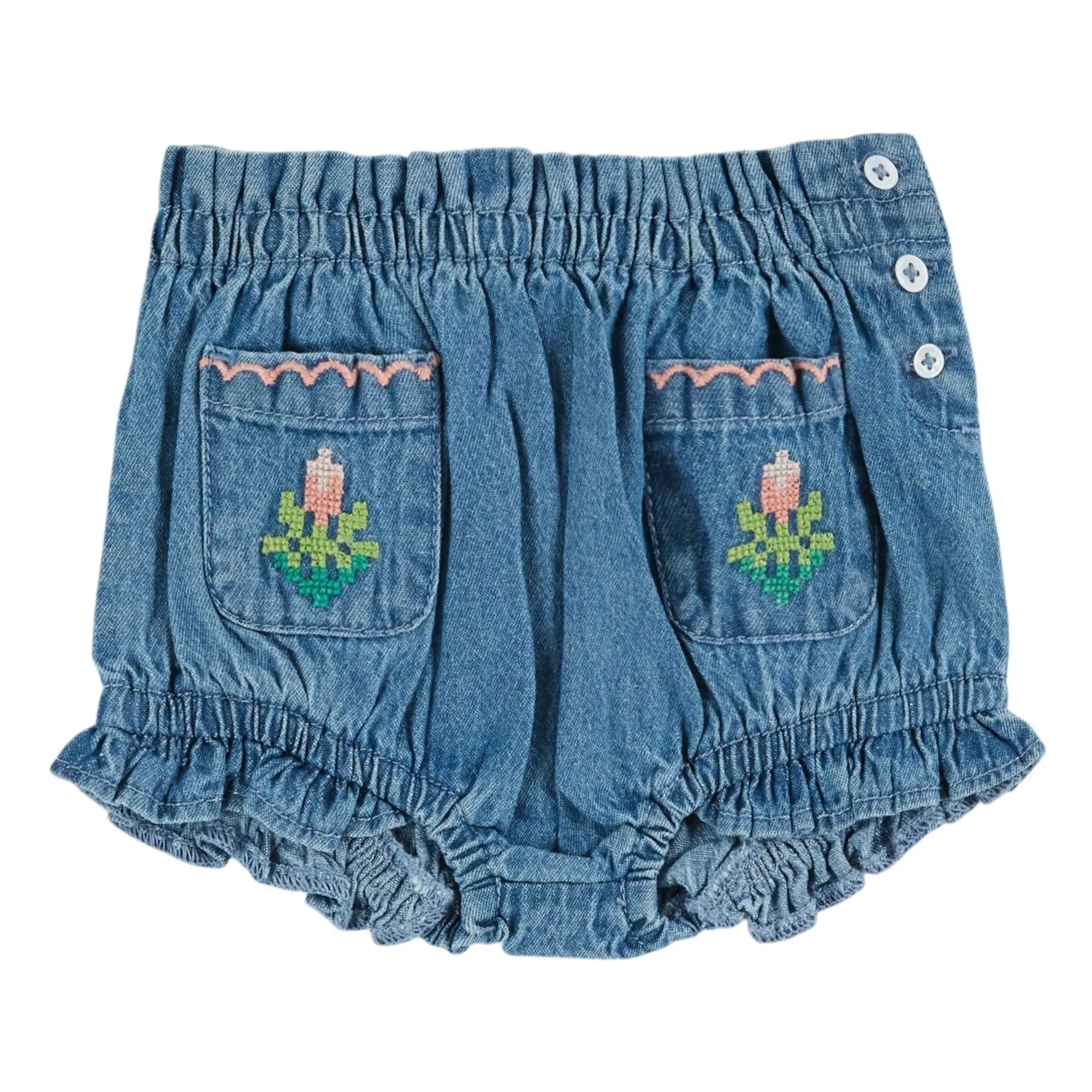 Emile et Ida - Embroidered Flower Pocket Denim Bloomer | Blue