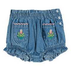 Emile et Ida - Embroidered Flower Pocket Denim Bloomer | Blue
