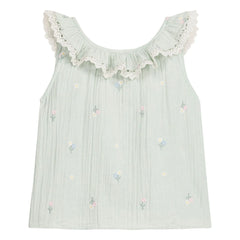 Louise Misha - Zelina Floral Pattern Organic Cotton Ruffled Top | Almond Green