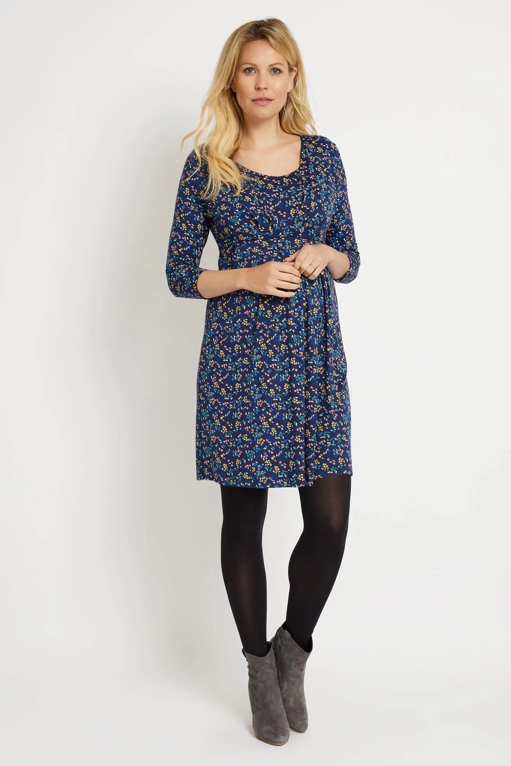 JoJo Maman - Navy Blue Floral Pleated Maternity and Nursing Tunic Dress - M