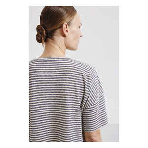Pomandère - Cotton and Linen Jarse Striped T-Shirt | Night Blue