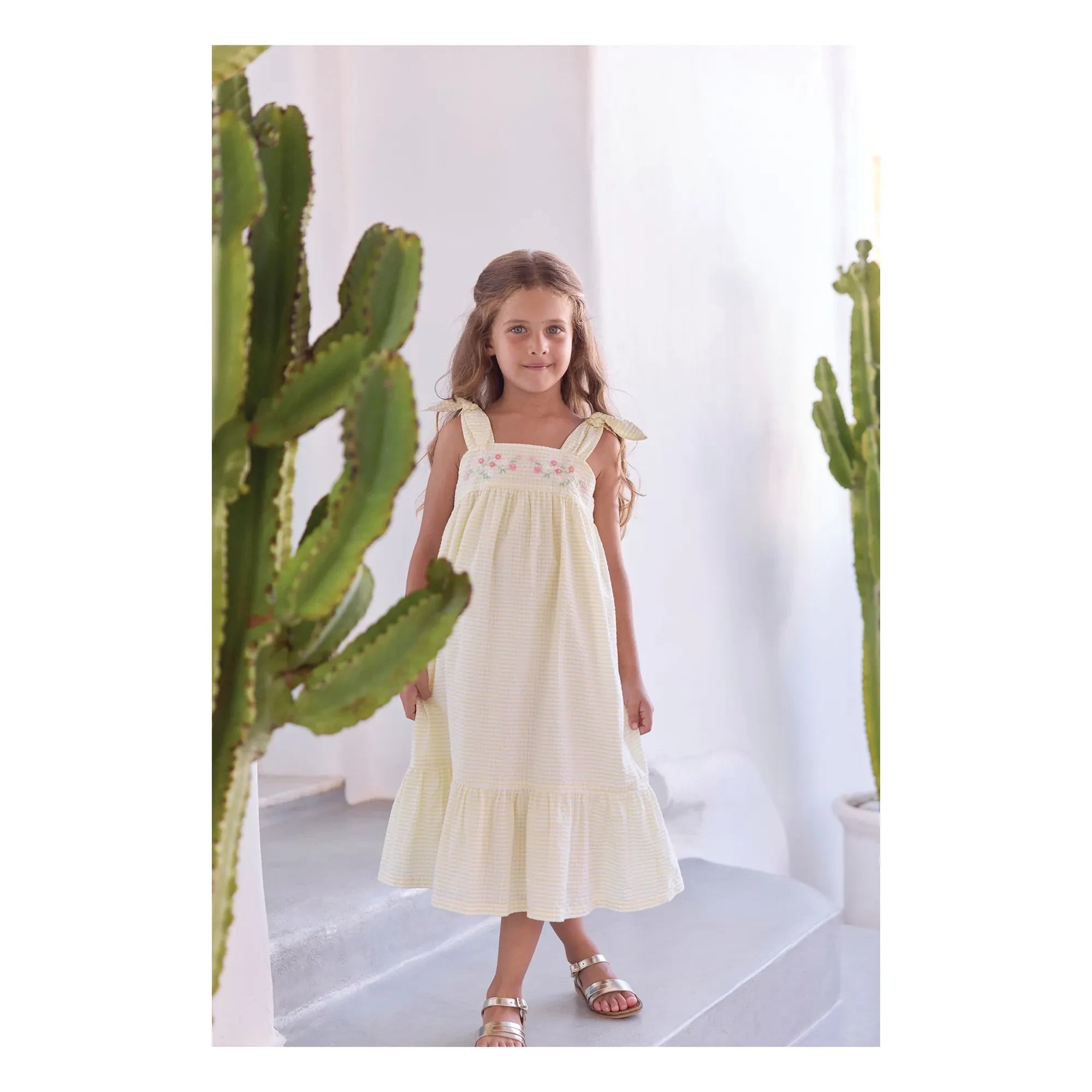 Tartine et Chocolat - Striped Embroidered Strapless Dress | Yellow