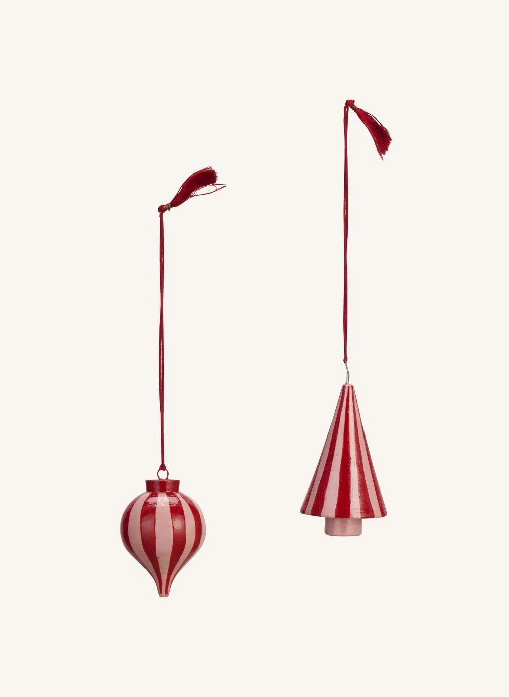 Madam Stoltz - Striped Wooden Christmas Ornaments - Set of 2 | Red