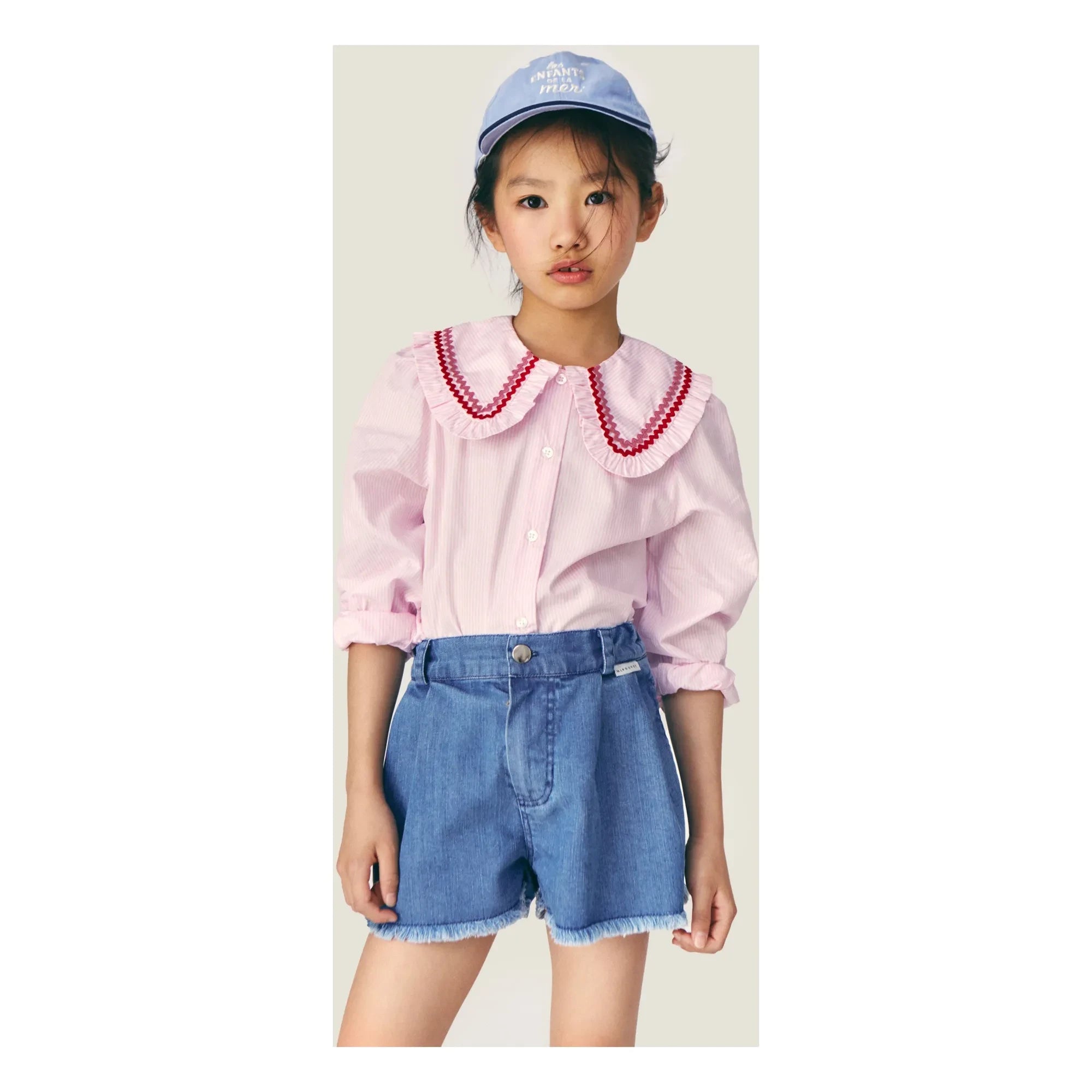 Mipounet - Nadine Striped Blouse, Claudine Collar | Light Pink