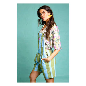 Favorite People - Ravioli Striped Short Overalls - Women's Collection | Olive