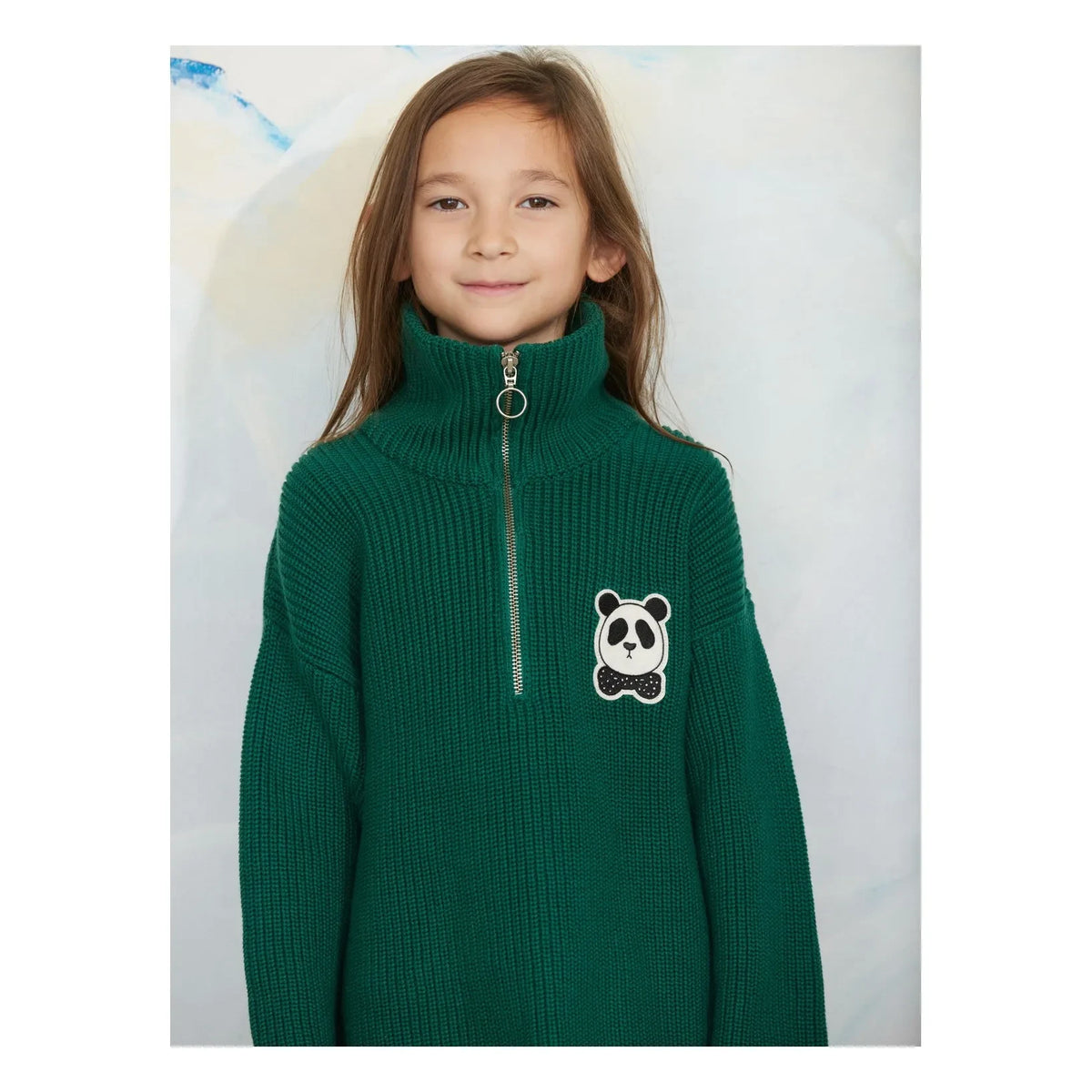 Mini Rodini - Panda Organik Pamuklu Fermuarlı Kazak | Yeşil