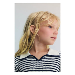 the new society - Striped Knit Polo T-Shirt | Navy Blue