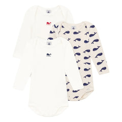 Petit Bateau - 3’lü Uzun Kollu Balina Desenli Organik Pamuklu Body Seti | Beyaz