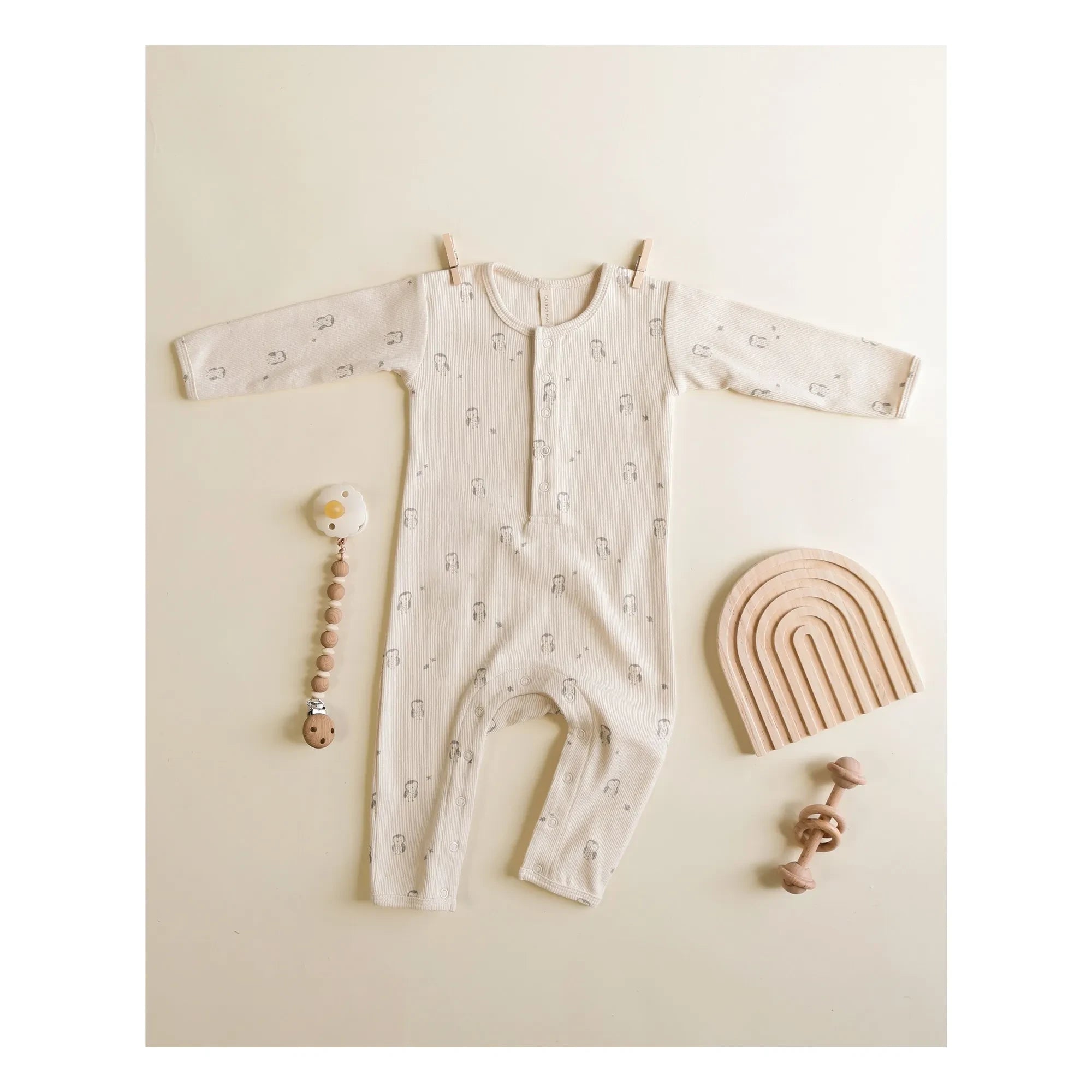 Quincy Mae - Owl Ribbed Romper Organic Cotton | Off-white