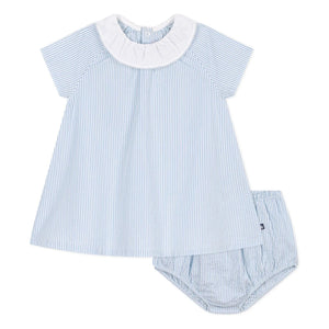 Petit Bateau - Striped Seersucker Organic Cotton Collar and Bloomer Dress Set | Blue