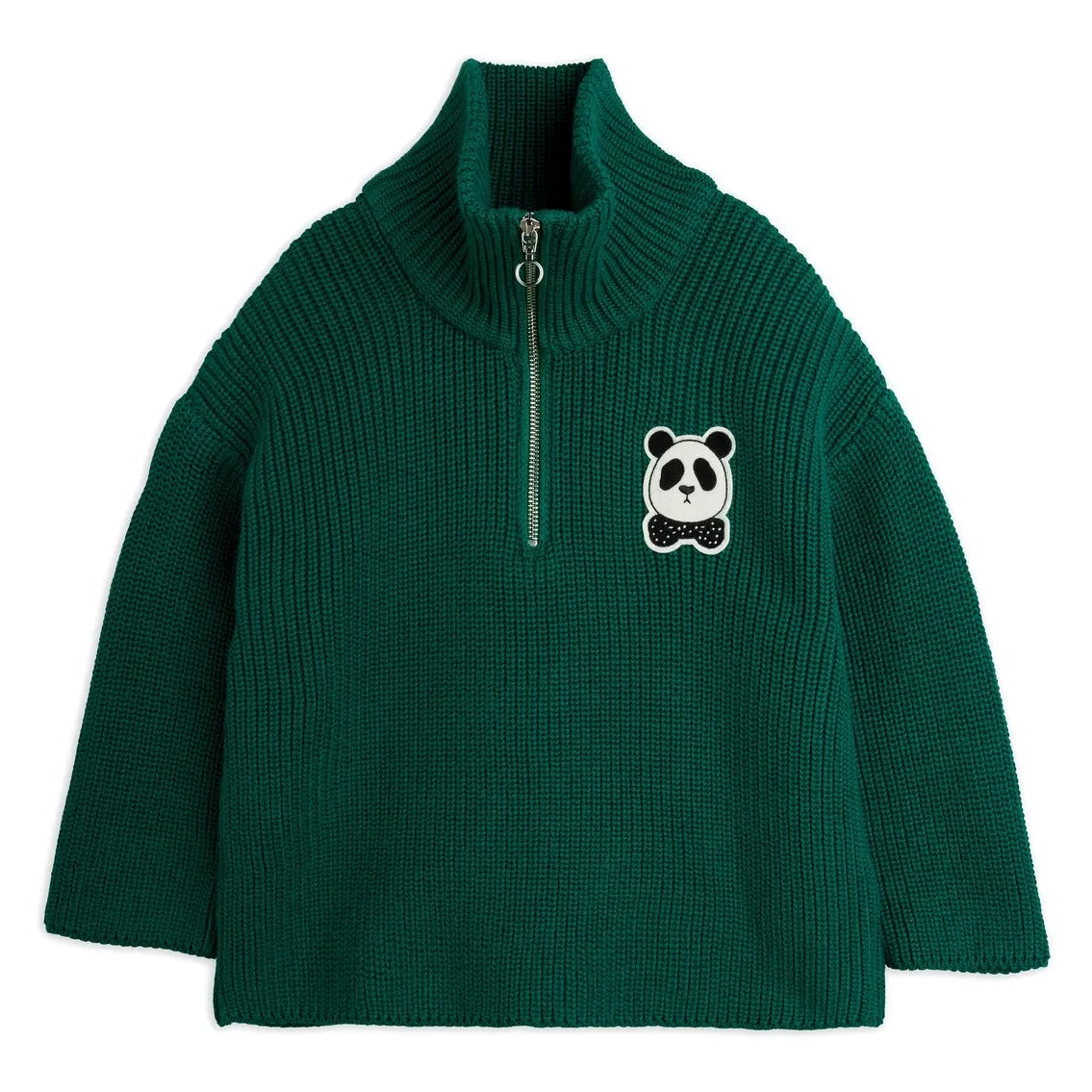 Mini Rodini - Panda Organik Pamuklu Fermuarlı Kazak | Yeşil