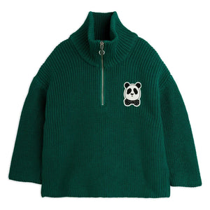 Mini Rodini - Panda Organik Pamuklu Fermuarlı Kazak | Yeşil