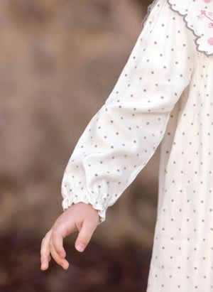 Tartine et Chocolat - İşlemeli Yaka Noktalı Dalgalı Elbise | Ekru
