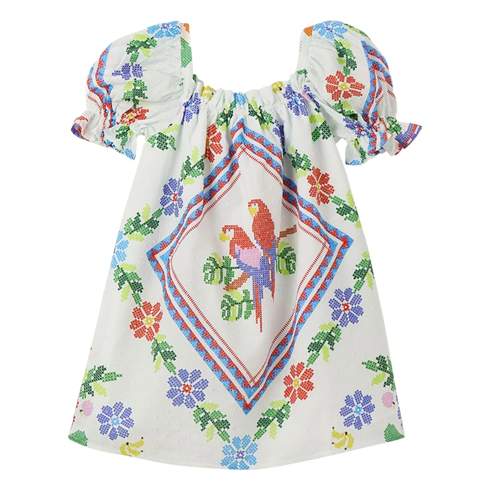 Fabula - Floral Pattern Balloon Sleeve Dress | White