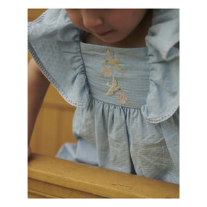 Copenhagen Colors - Floral Embroidered Bird Pattern Organic Cotton Dress | Light Blue